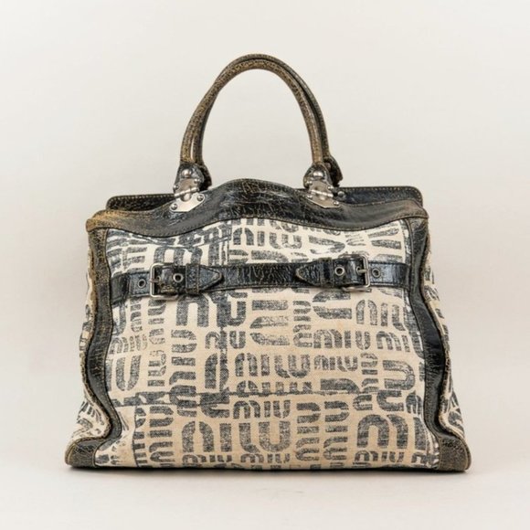 Miu Miu Twiggy White and Black Logo-Print Tote - Picture 4 of 12
